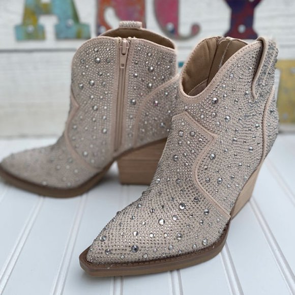 New Very G Austin Taupe Rhinestone Booties - Picture 3 of 4
